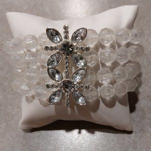 Women's Clear/Frosted 4 Rows Stretch Ball Beads Bracelet w/Rhinestone Accent